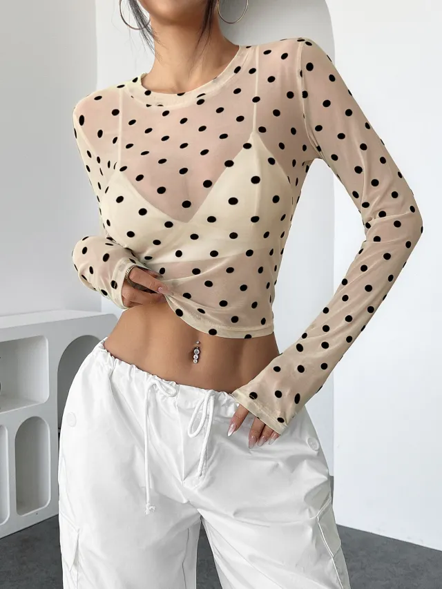 Design Sense See through Dot Slim Mesh Round Neck Long Sleeve T shirt Beige - Shop at LoveMi