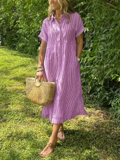 Loose Striped Short Sleeve Casual Cotton And Linen Dress - Pink - View 1