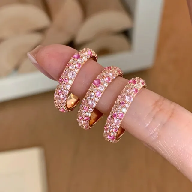Diamond Dense Inlaid Stacked Ring Elegant Light Luxury Peach Pink Gradient Ring - Shop at LoveMi