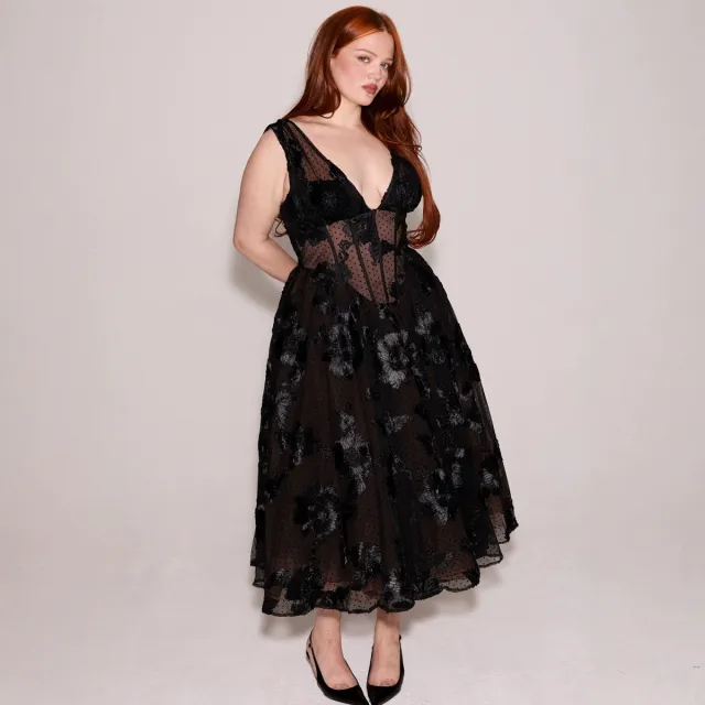 Black Deep V neck Mesh A Line High end Evening Dress Black - Shop at LoveMi