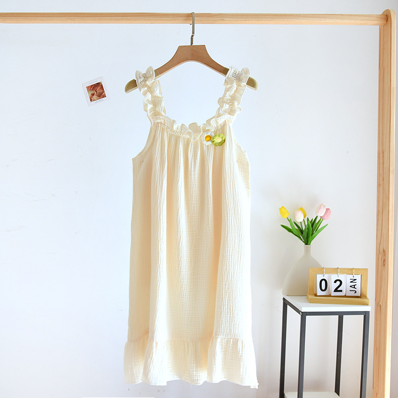 Women's Cotton Gauze Thin With Shoulder-straps Nightdress