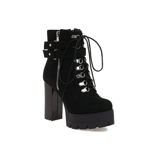 Belt Buckle Stage Booties New High Heel Platform Shoes Thick Black - Shop at LoveMi