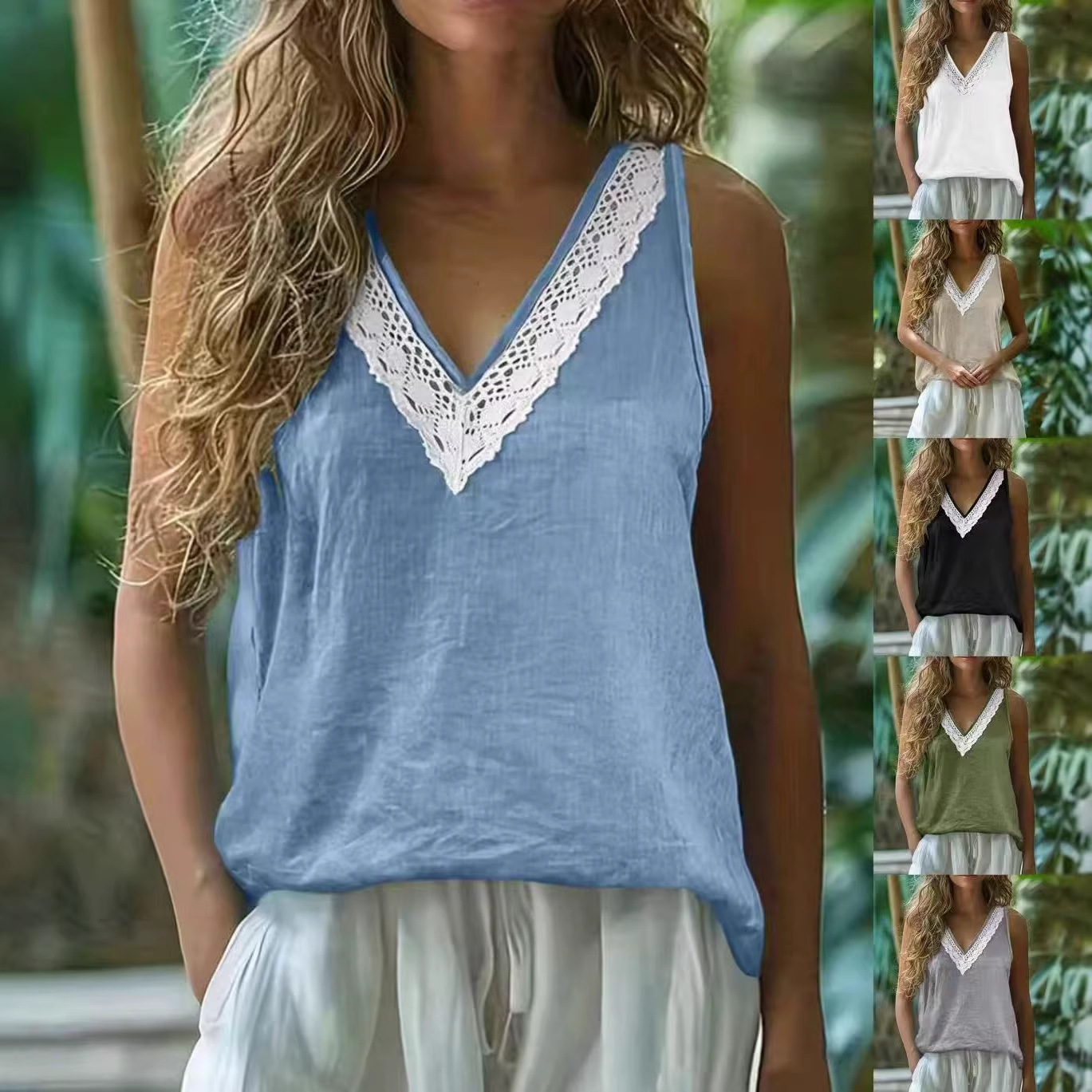 Spring New Womens Casual Loose Fashion Solid Color V-Neck Lace Trim Pullover Top