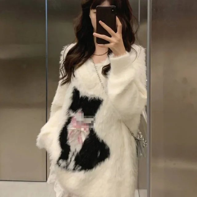 Cat Jacquard Artificial Mink Hair V neck Sweater White - Shop at LoveMi