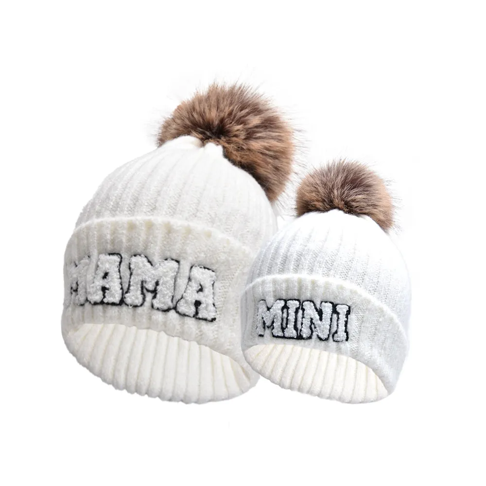 Letter MAMA Woolen Cap Outdoor Fur Ball Warm Hat - White Mama Mini