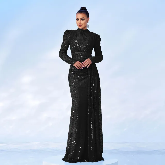 Long Sleeve Round Neck Sexy Slim Long Sequined Banquet Dress Black - Shop at LoveMi