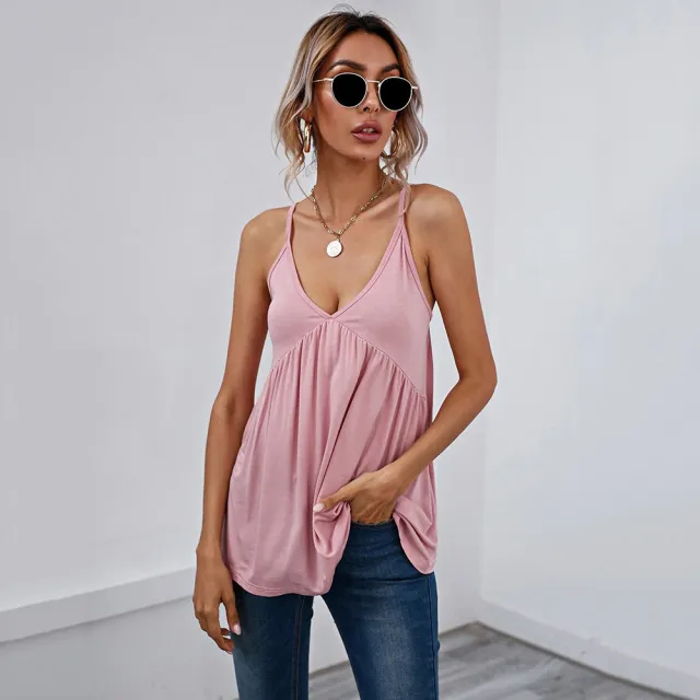 Sleeveless V neck Backless Tank Top Versatile Women's Top Pink - Shop at LoveMi