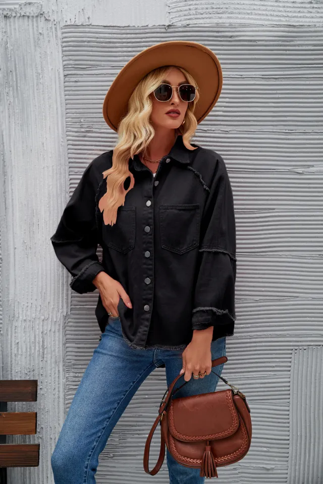 Women's Double pocket Washed Long sleeved Denim Coat Black - Shop at LoveMi