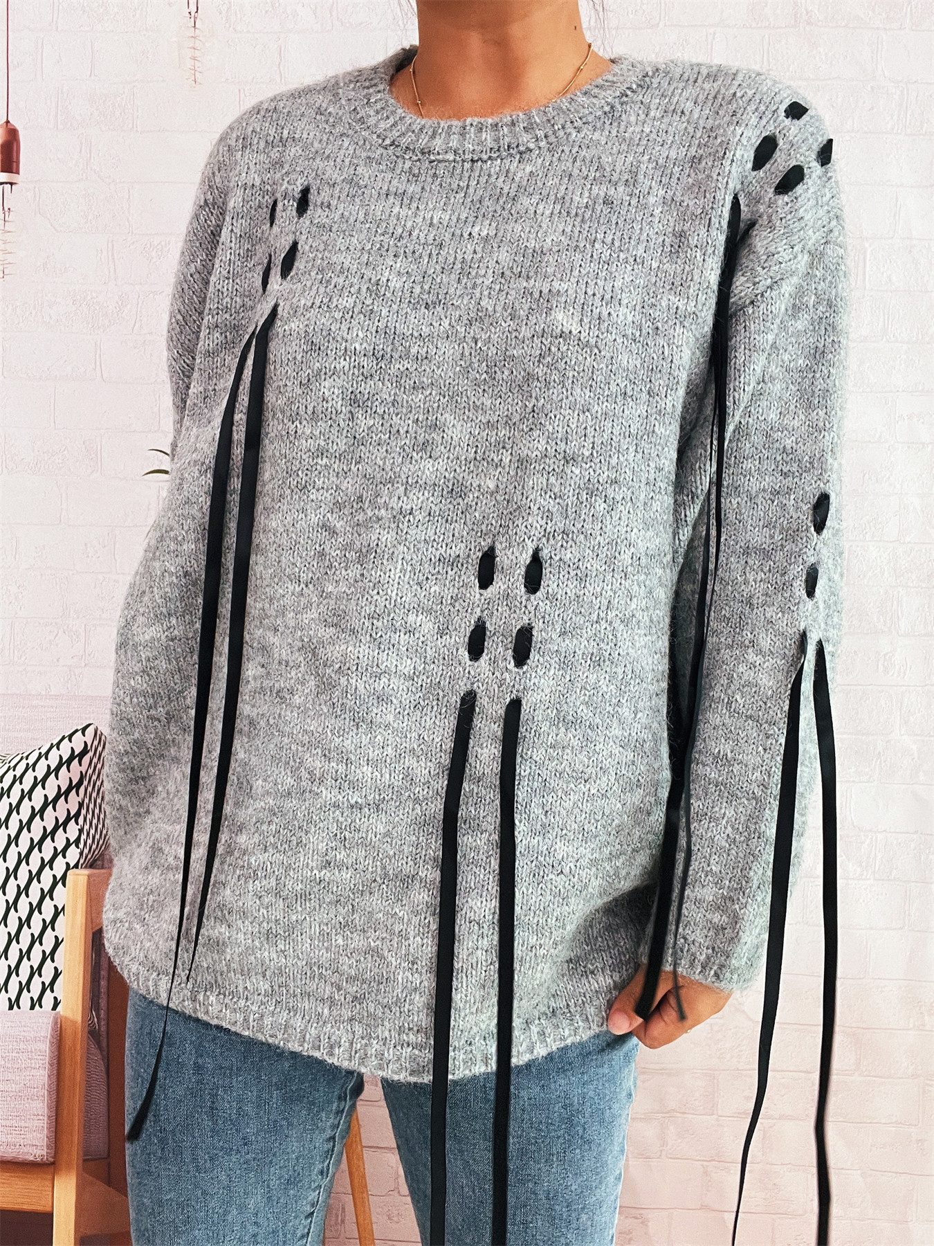 Handmade Lace-up Knitted Round Neck Long Sleeve Loose Sweater