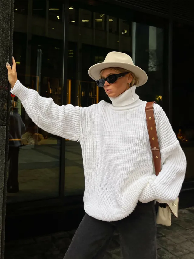 Thick Autumn And Winter Turtleneck Sweater Casual Solid Color Russian Knitwear White - Shop at LoveMi