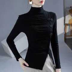 Autumn New Retro Frog Long Sleeve Small Shirt Temperament Split Pleated Inner Wear Outer Wear Women's Top - Black - View 1
