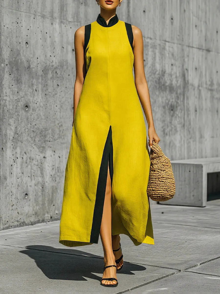Elegant Stand-up Collar Multi-color Sleeveless Slit Long Dress