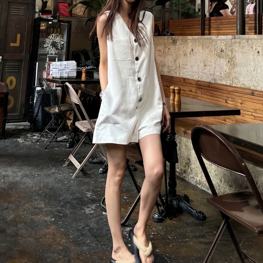 Womens Fashion Single-Breasted Sleeveless Jumpsuit Vest