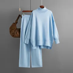 Solid Colour Slit Sweater Loose Casual Knitted Two-piece - Light Blue - View 1