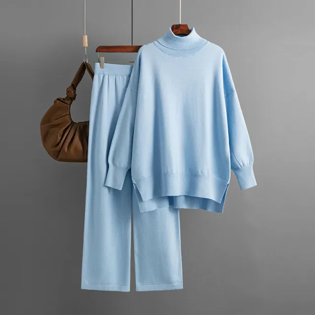 Solid Color Slit Sweater Loose Casual Knitted Two piece Light Blue - Shop at LoveMi