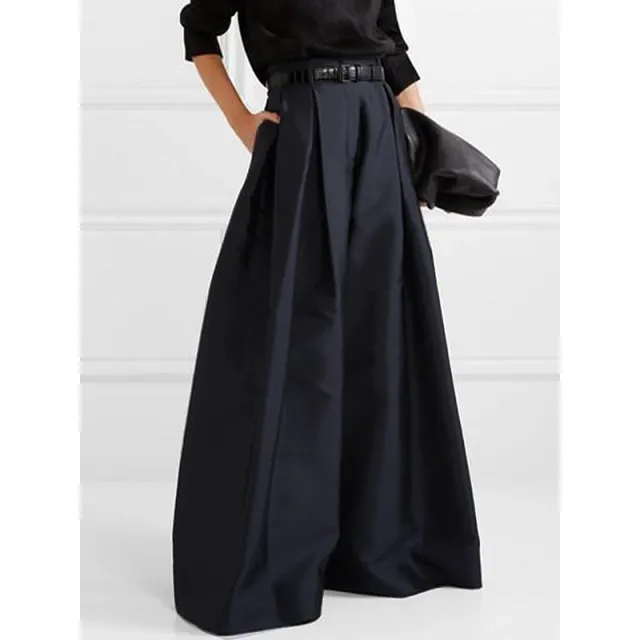 High Waist Loose Pleated Solid Color Dress Sea Blue - Shop at LoveMi