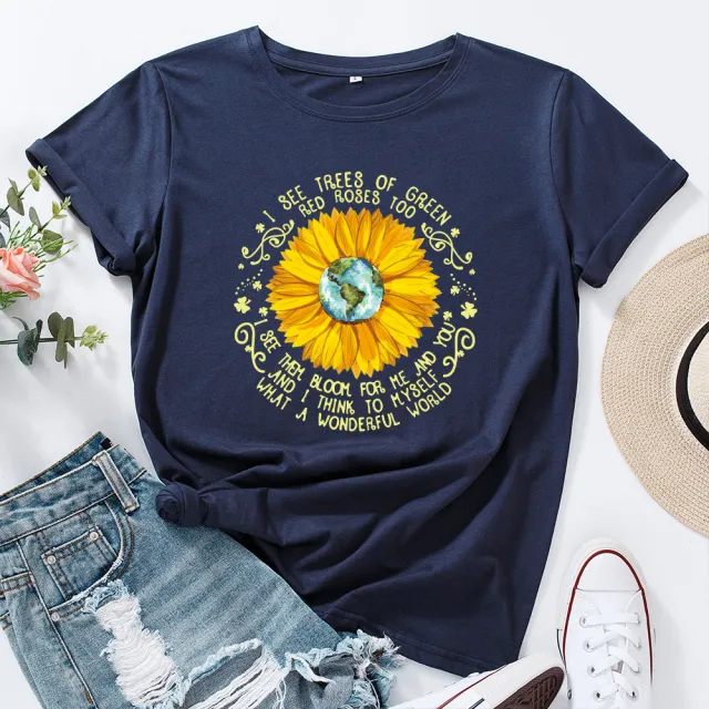 Bee Festival European And American Loose Round Neck Sunflower Short Sleeve Dark Blue - Shop at LoveMi