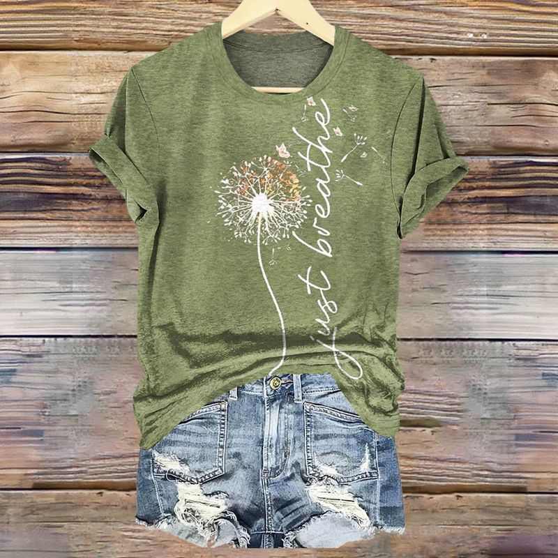 Women's Casual Commuter All-Match Dandelion Print Crew Neck Short Sleeve