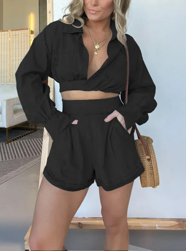 Fashion Women's Wear Denim Shirt Deep V Long Sleeve Suit Black - Shop at LoveMi