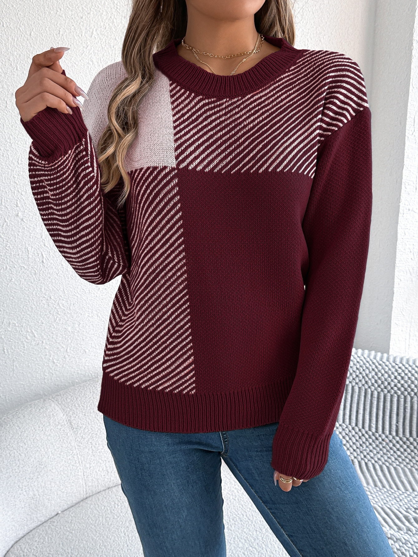 Casual Color-Block Plaid Long-Sleeve Pullover Sweater