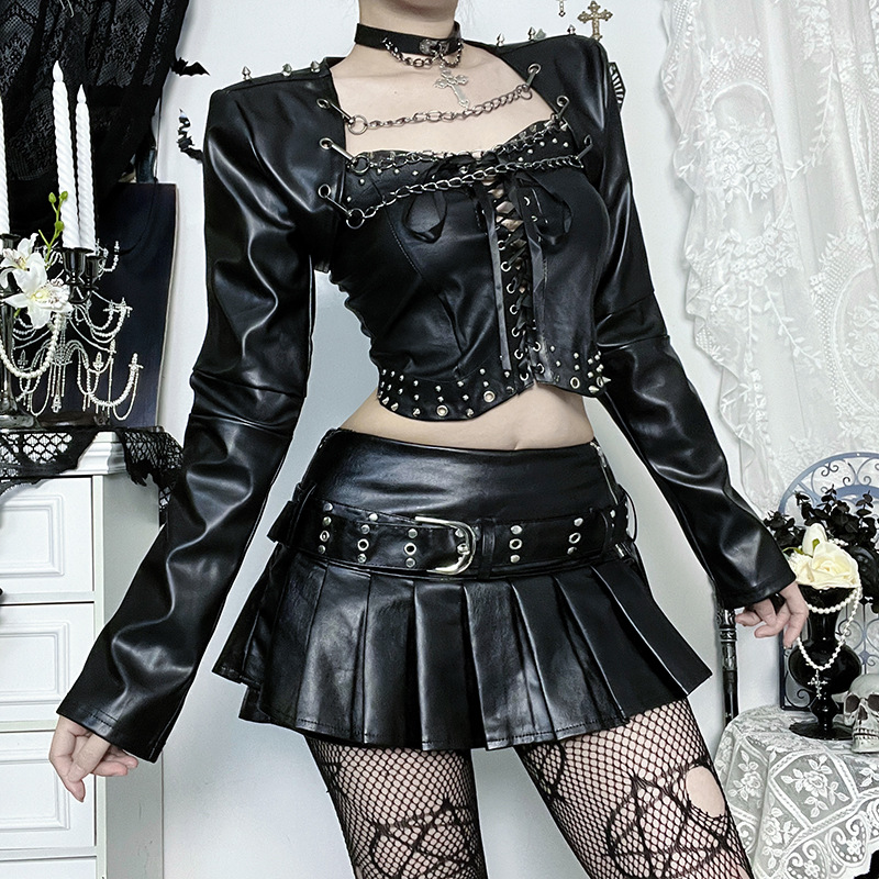 Dark Detachable Chain Leather Coat New Personality Punk Leather Coat