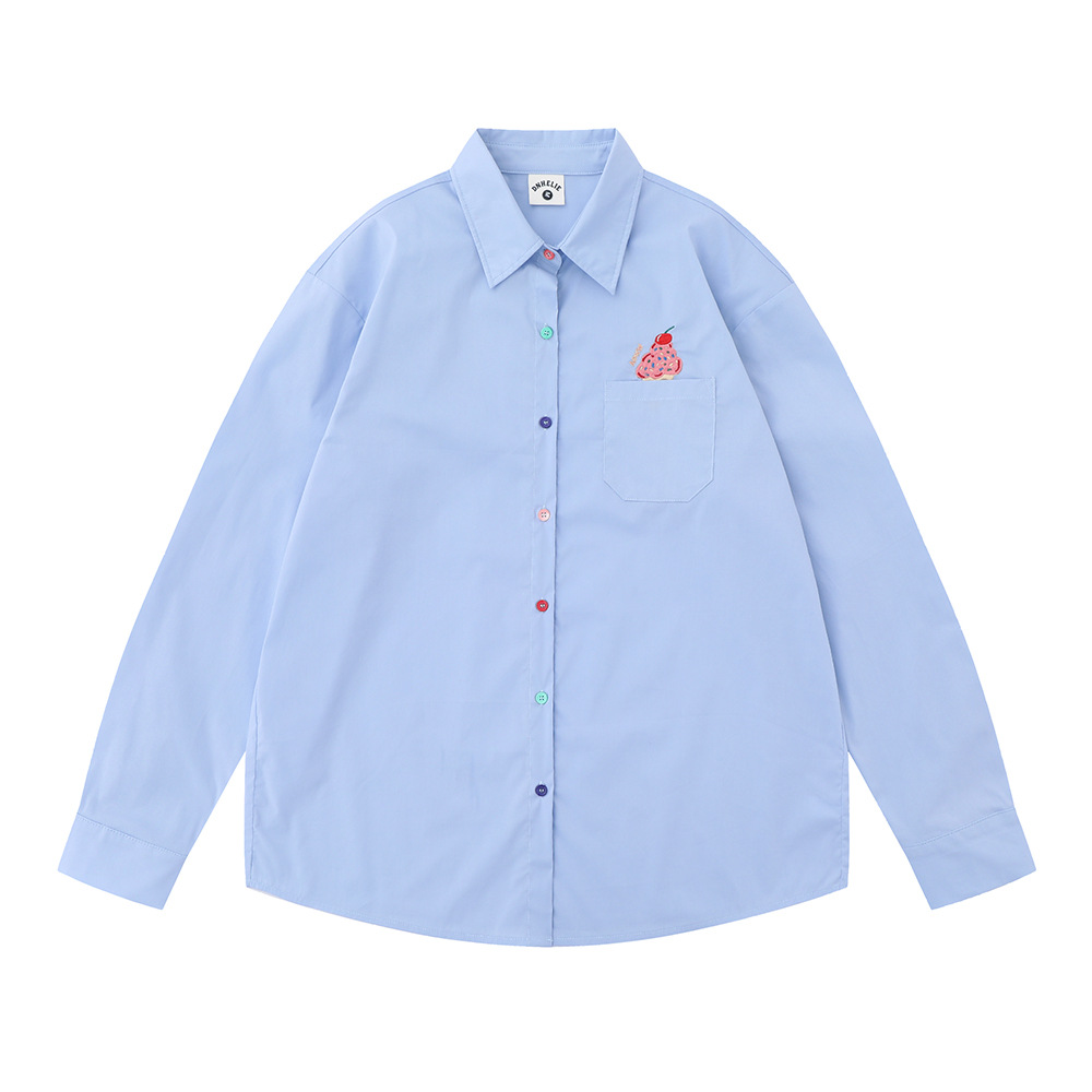 Embroidery Pocket Long Sleeve Shirt Casual Loose Jacket Blue - Shop at LoveMi