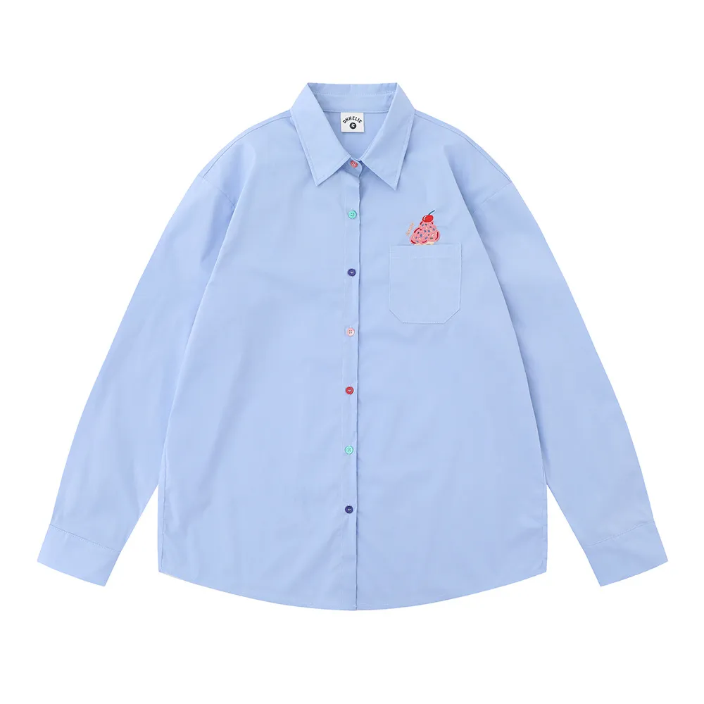 Embroidery Pocket Long Sleeve Shirt Casual Loose Jacket - Blue