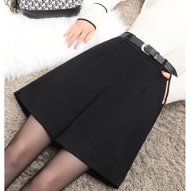 A line High waisted Wide leg Padded Outerwear Bottoming Capri Pants Woolen Shorts Black - Shop at LoveMi