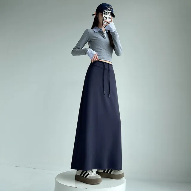 Gray Athletic High waist Straight leg Slit A line Maxi Skirt Blue - Shop at LoveMi