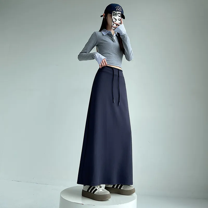 Gray Athletic High-waist Straight-leg Slit A-line Maxi Skirt - Blue