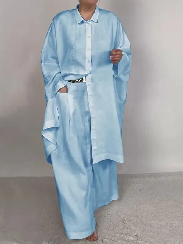 Casual Loose Solid Color Shirt Outfit Wide Leg Pants Two piece Set Blue - Shop at LoveMi