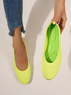 Round Toe All-matching Shallow Mouth Flyknit Flat Bottom Pumps - Yellow - View 1