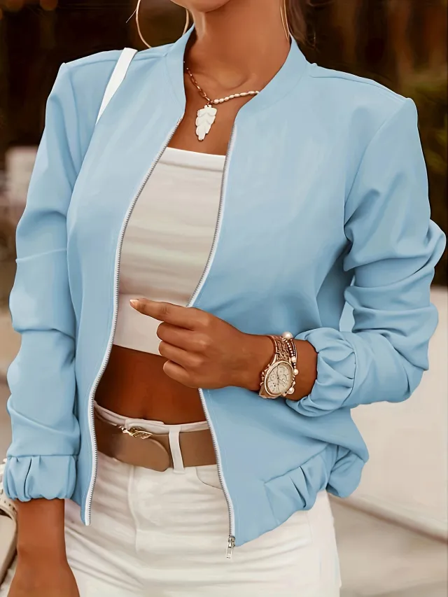 Autumn And Winter Long Sleeve Zipper Decorations Cardigan Coat Sky Blue - Shop at LoveMi