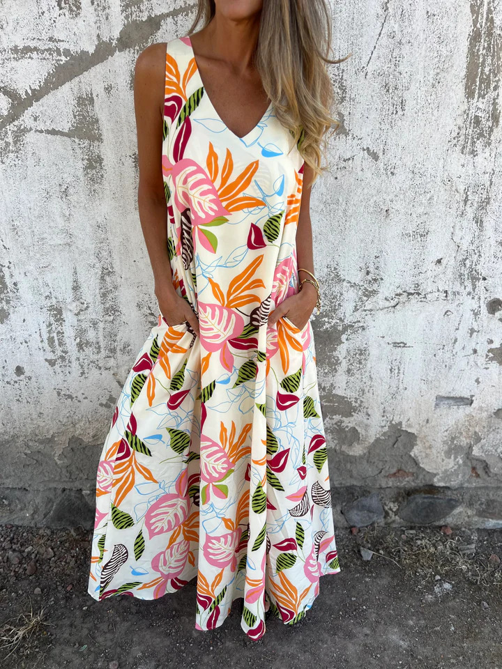 Fashion V neck Loose Swing Pocket Print Vest Dress Beige Flowers - Shop at LoveMi