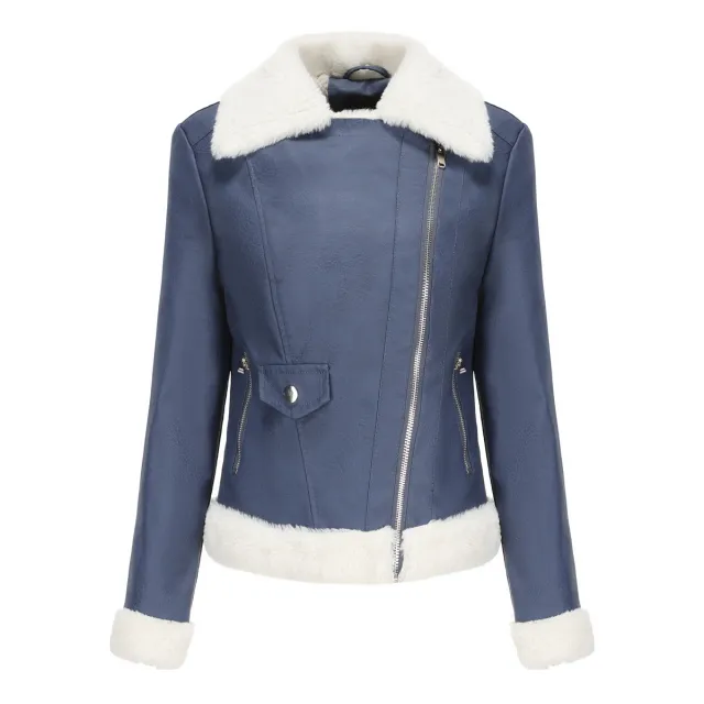 Fleece Leather Jacket Female European Code Warm Long Sleeves Turn down Collar Coat Blue - Shop at LoveMi