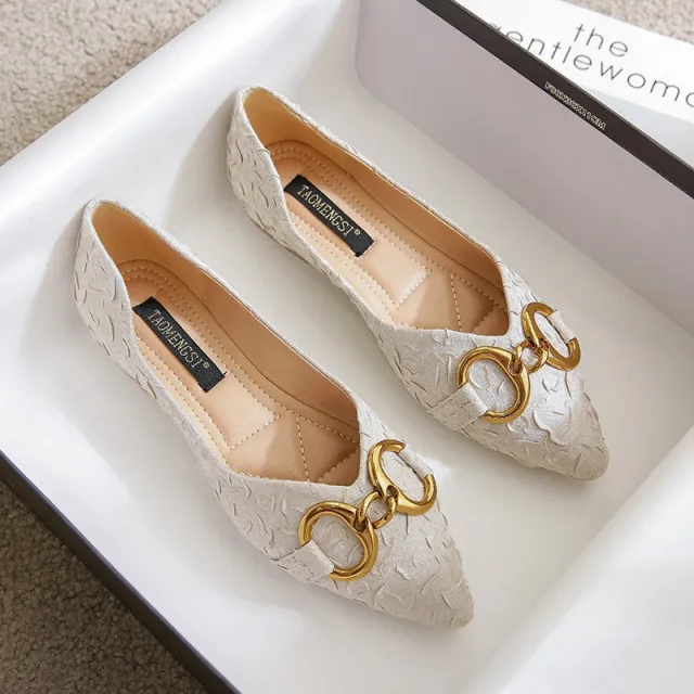 Women's Square Toe Large Size Gentle Rhinestone Square Buckle Soft Flat Bottom Slip on Beanie Low cut Flat Shoes Apricot - Shop at LoveMi