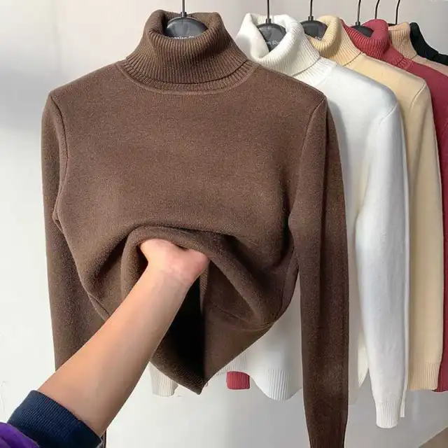 Women's Turtleneck Sweater Top With Velvet Thickened Inner Wear Brown - Shop at LoveMi