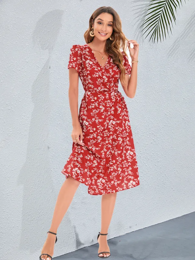 European And American Style Dress Vacation Style Ins Retro Dress Small Floral Red - Shop at LoveMi