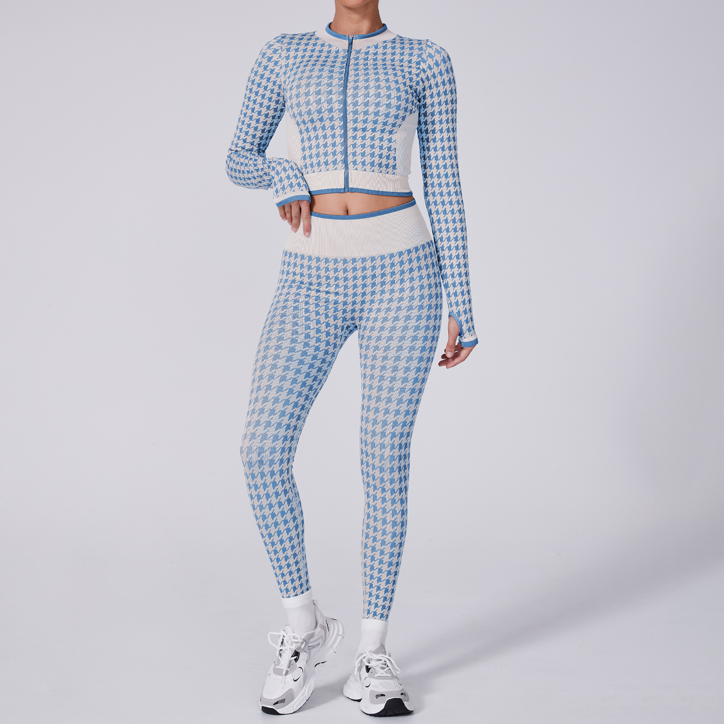 High Waist Houndstooth Yoga Suit Sports Fashion Light Blue Suit - Shop at LoveMi