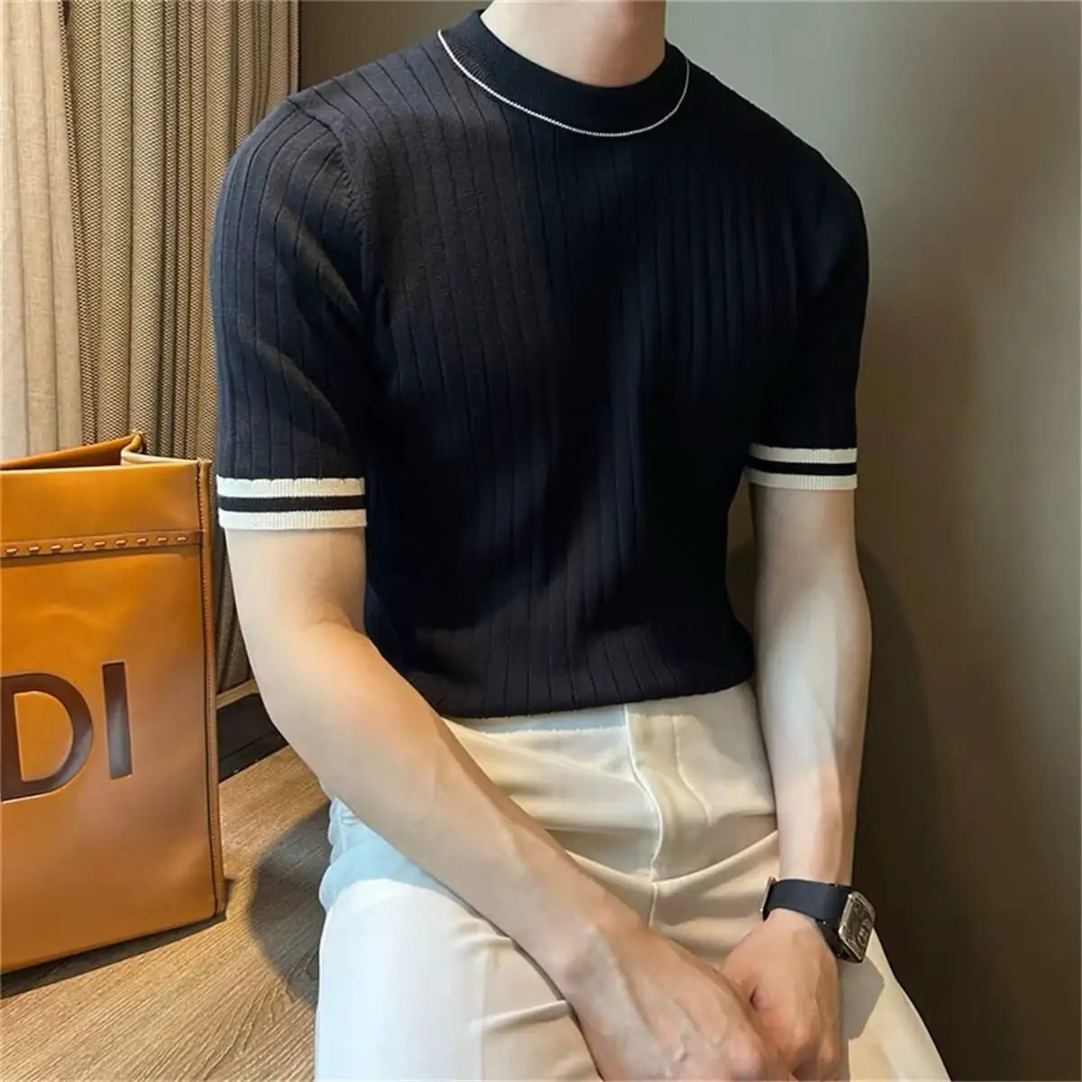Men's Short-Sleeve Ice Silk Knit Shirt Crew-Neck