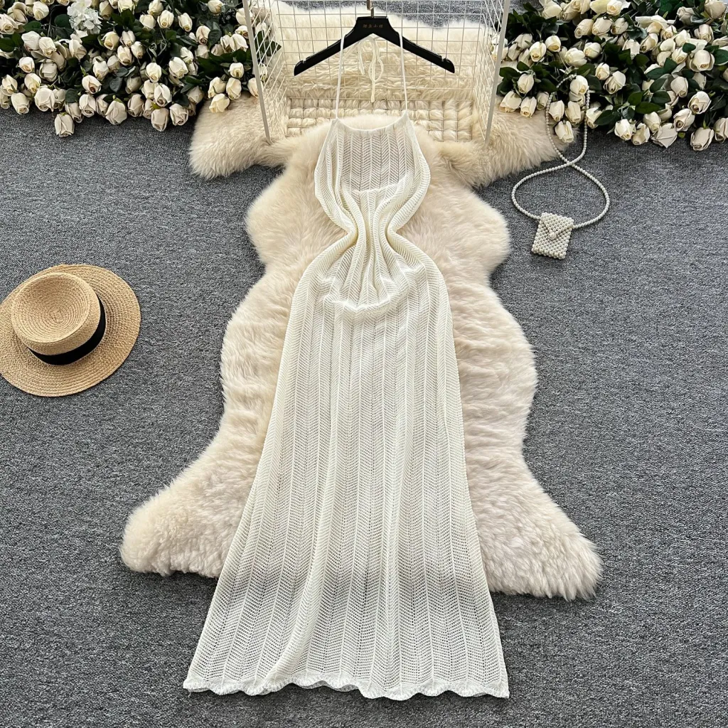 Halter Spaghetti Straps Waist-tight Vacation Style Dress Women - White