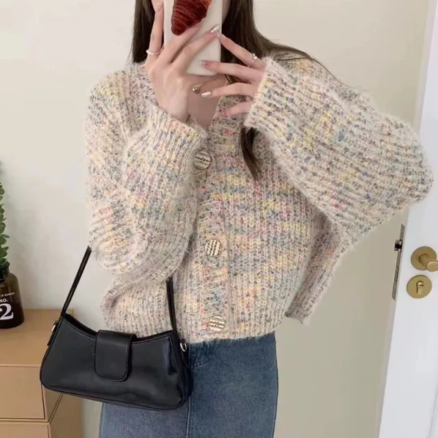 Vintage Colored Dot Short Loose Knitted Cardigan Sweater Beige - Shop at LoveMi