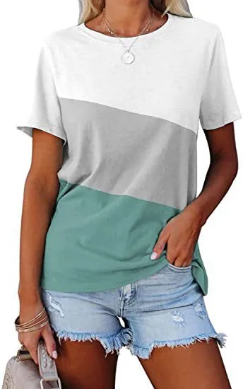 Spring And Summer Color block Crew Neck Loose Casual Short sleeved T shirt Light Blue - Shop at LoveMi