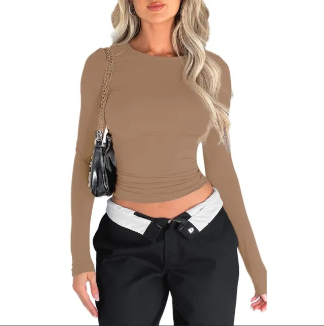 Solid Color Slim Pullover Women's Clothing Casual Long Sleeve T shirt Khaki - Shop at LoveMi