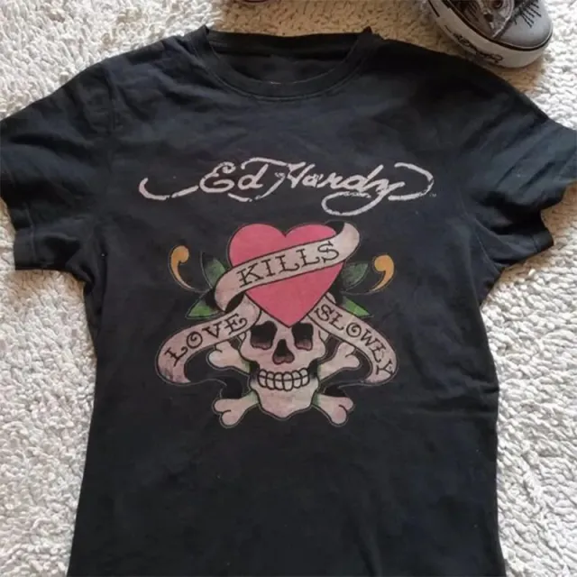 Short Print T shirt Women's Retro Europe And America Top Black - Shop at LoveMi