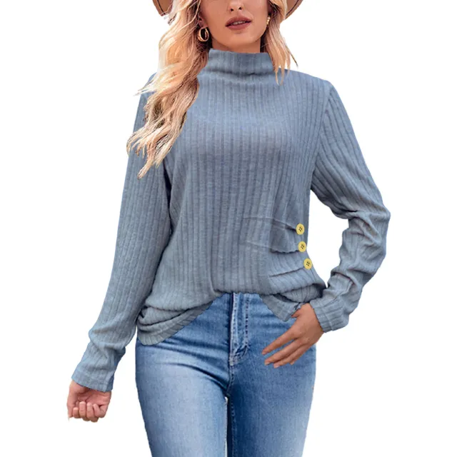 European And American Brushed Sunken Stripe Knitted Turtleneck Side Button Women's Top Gray Blue - Shop at LoveMi