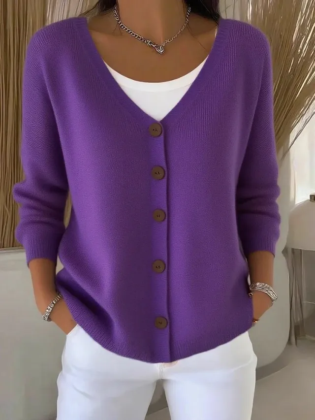 Women's Clothes Solid Color Knitted Button Cardigan Sweater Purple - Shop at LoveMi