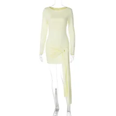 Fashion Sexy Slim Waist Streamer Round-neck Long-sleeved Dress - Yellow - View 1