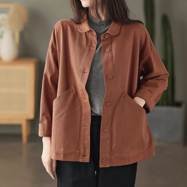 Retro Twill Cotton Large Pocket Single Breasted Loose Casual Top Rust Red - Shop at LoveMi