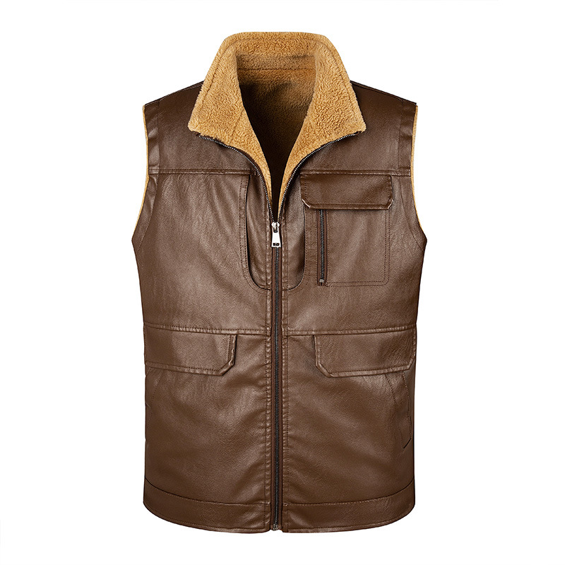 Male Leather Vest Autumn And Winter Fleece-lined Stand Collar Vest